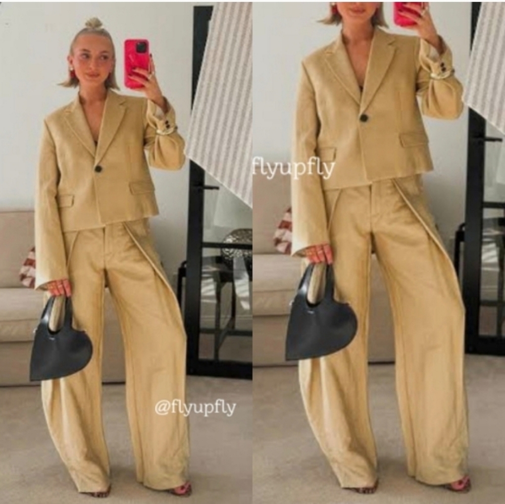 ZARA SET 2 pc METALLIC BLAZER JACKET AND WIDE PANTS GOLD SIZE S/M - Picture 3 of 13